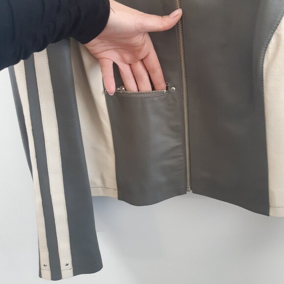 OXYHO Sorento Large Women's Genuine Leather Coat, Two-Tone Olive/Grey + Beige - Picture 5 of 16